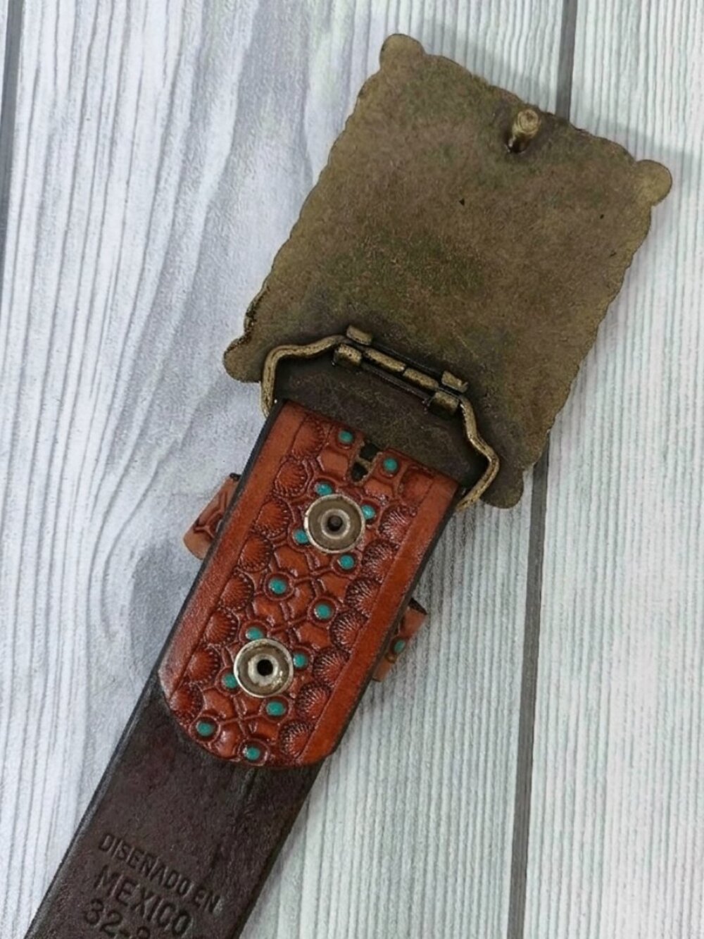 Western Honeycomb Tooled belt, Leather Embossed Belt with Turquoise Dots, Unisex - Picture 7 of 12